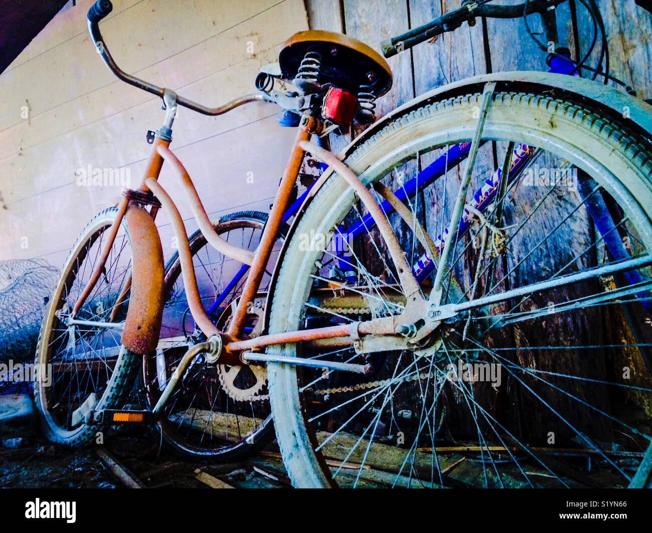 Due vecchie biciclette memorizzato nel capannone Foto Stock