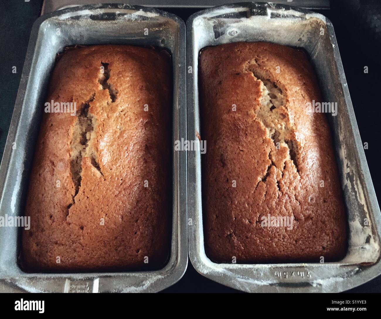 Due pani di zucchine pane fresco di forno di raffreddamento nel pane padelle Foto Stock