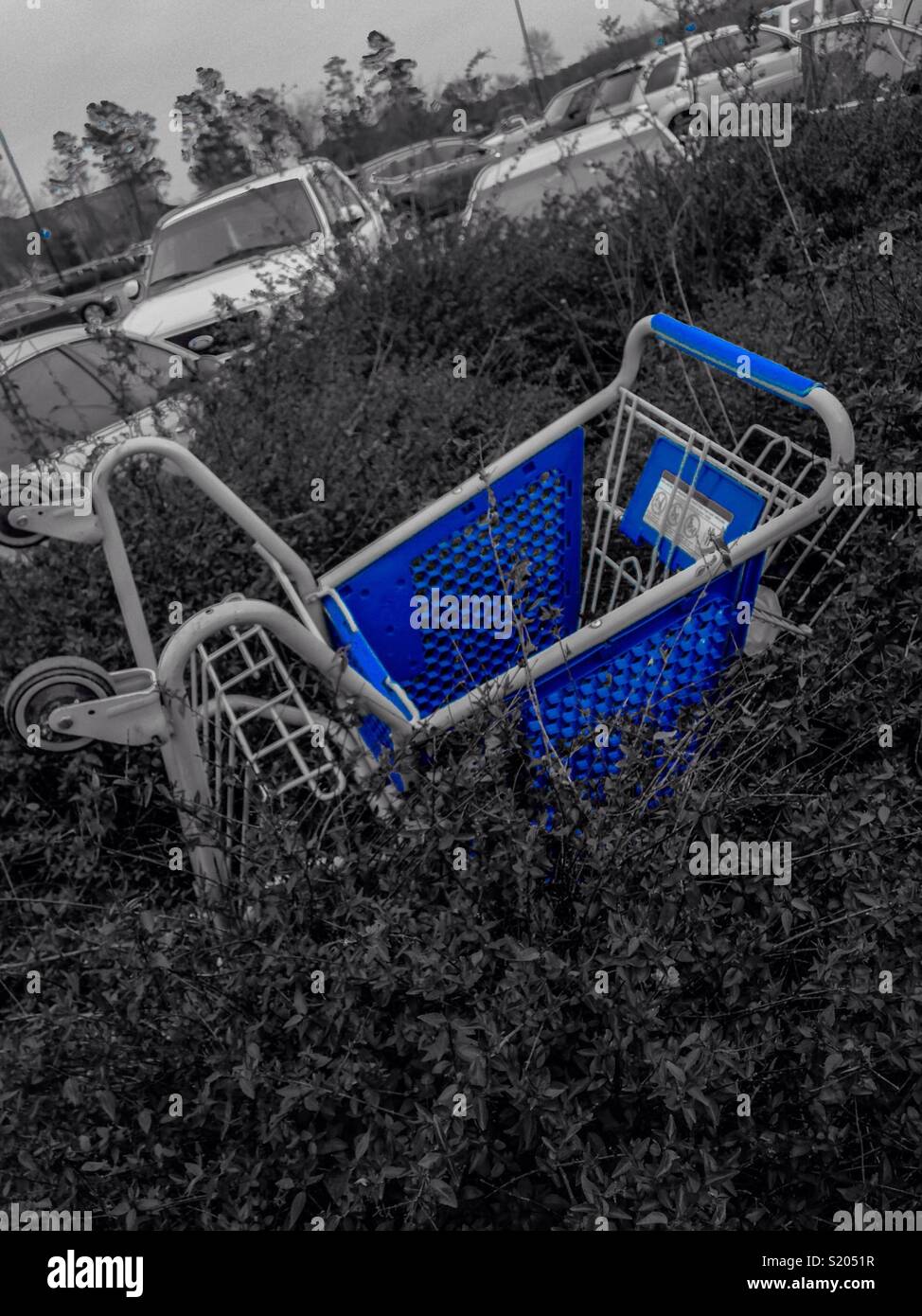 Carrello spesa gettato in arbusteto in parcheggio - Immagine stock catturata con smartphone Carrello spesa gettato in arbusteto in parcheggio - Immagine stock catturata con smartphone