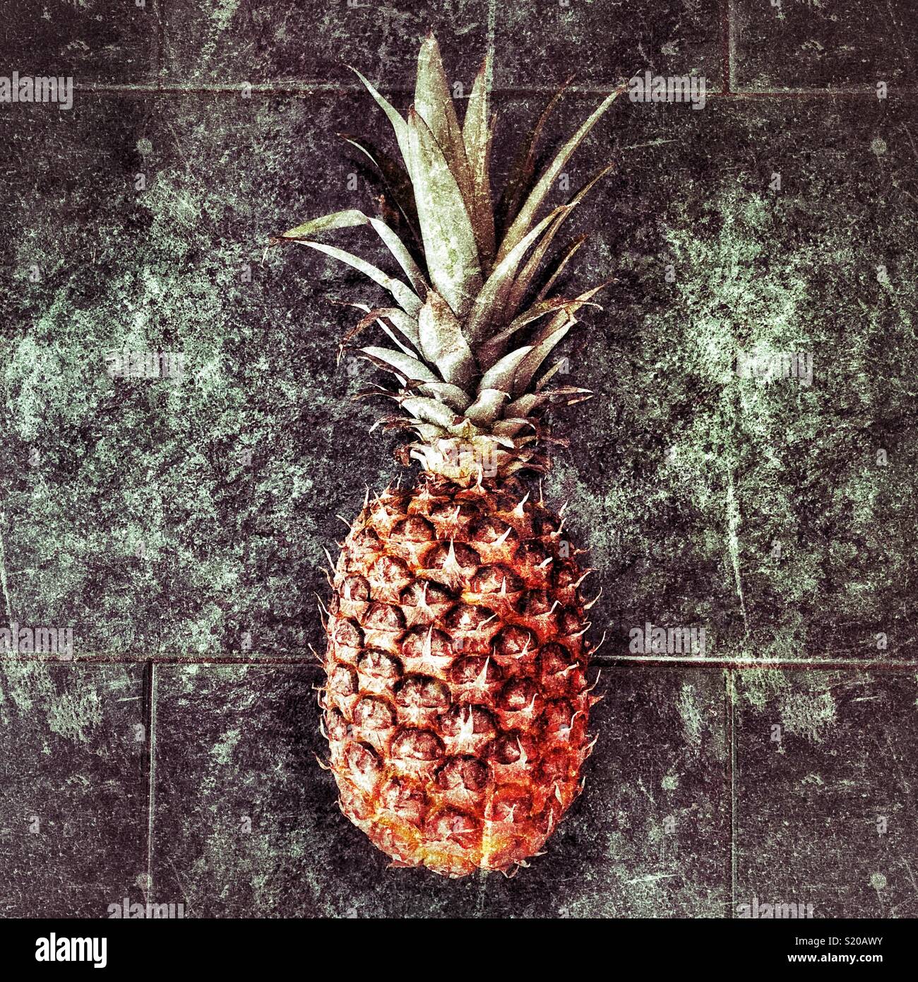 Ananas su un pavimento di piastrelle con elaborazione creativa - Immagine stock catturata con smartphone