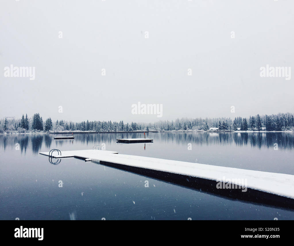 Coperta di neve dock sul lago Foto Stock