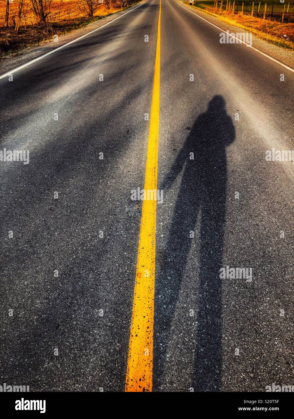 Ombra selfie nel mezzo della strada con linea gialla Foto Stock