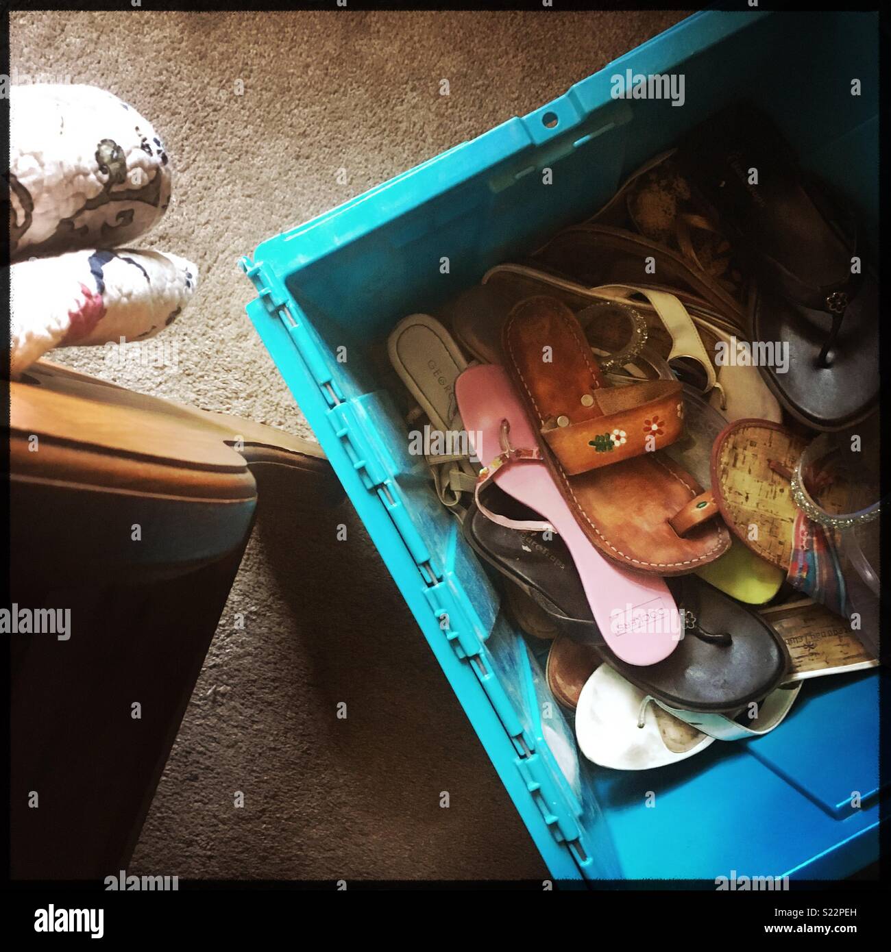 Una scatola di archiviazione di sandali e flip-flop Foto Stock
