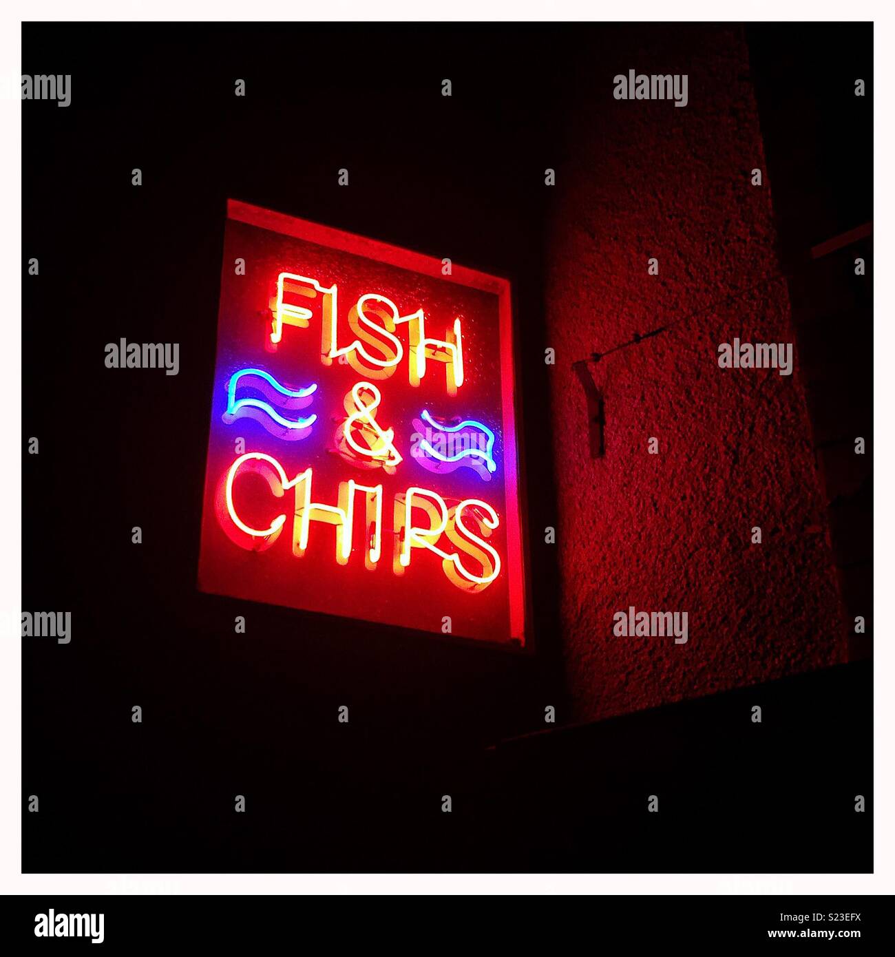 Neon di pesce e patatine segno di notte. Foto Stock