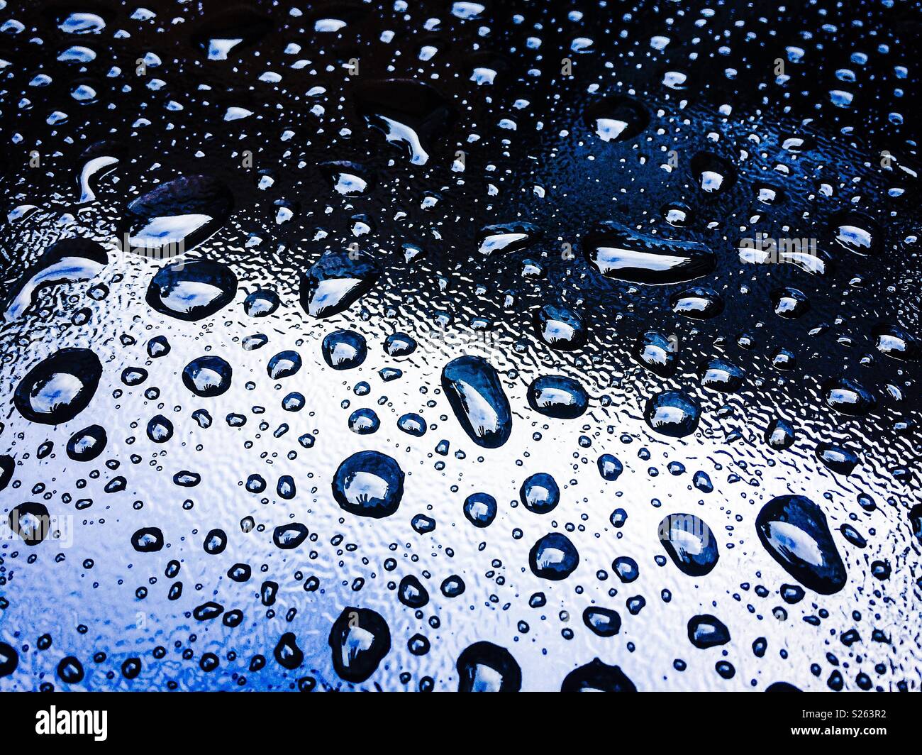 Le goccioline di acqua su sfondo blu Foto Stock