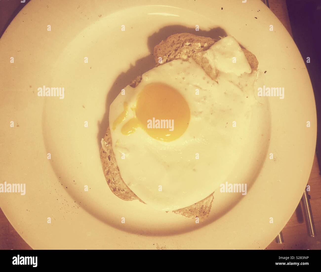 Organici intervallo libero uovo fritto a tutto pasto toast su una piastra bianca Foto Stock