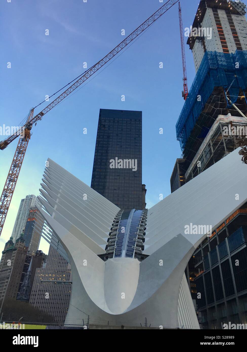 Occhio, World Trade Center Hub di trasporto con gru overhead. Foto Stock