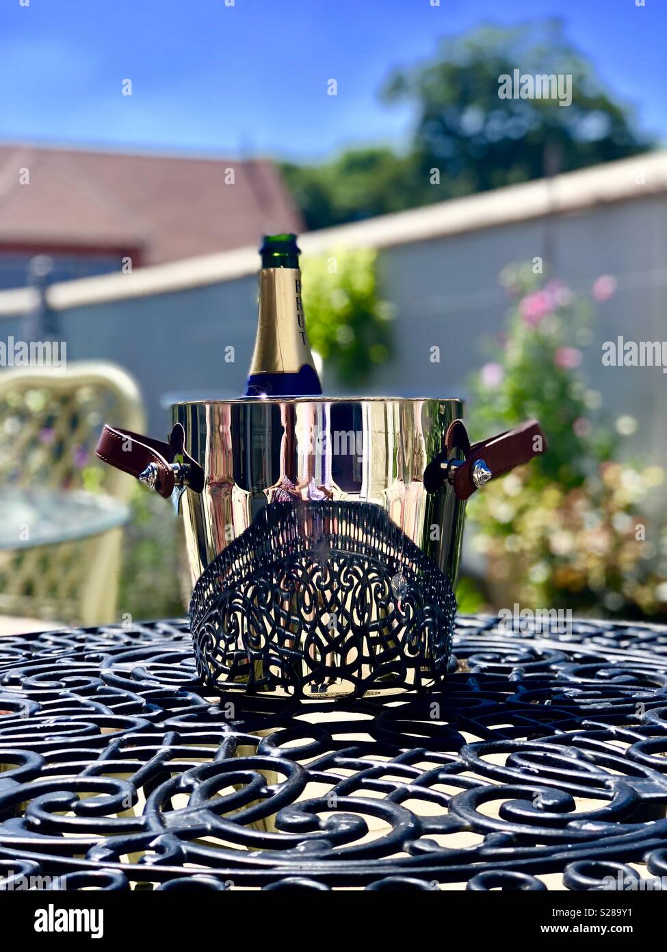 Una bottiglia di Champagne si siede in un contenitore su un tavolo da giardino. Foto Stock