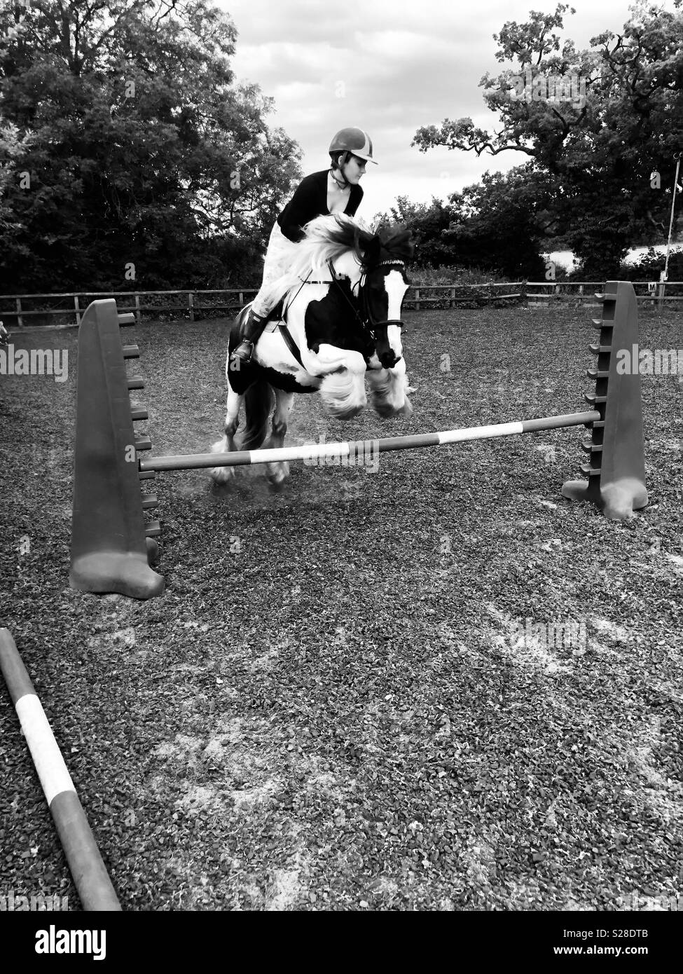 Mia figlia saltando sul suo cavallo Foto Stock