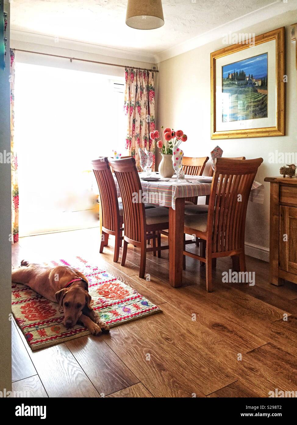 Una casa accogliente interno con un tavolo da pranzo insieme per un pasto in famiglia e un cane pigro dormire su un tappeto in un pavimento in legno Foto Stock