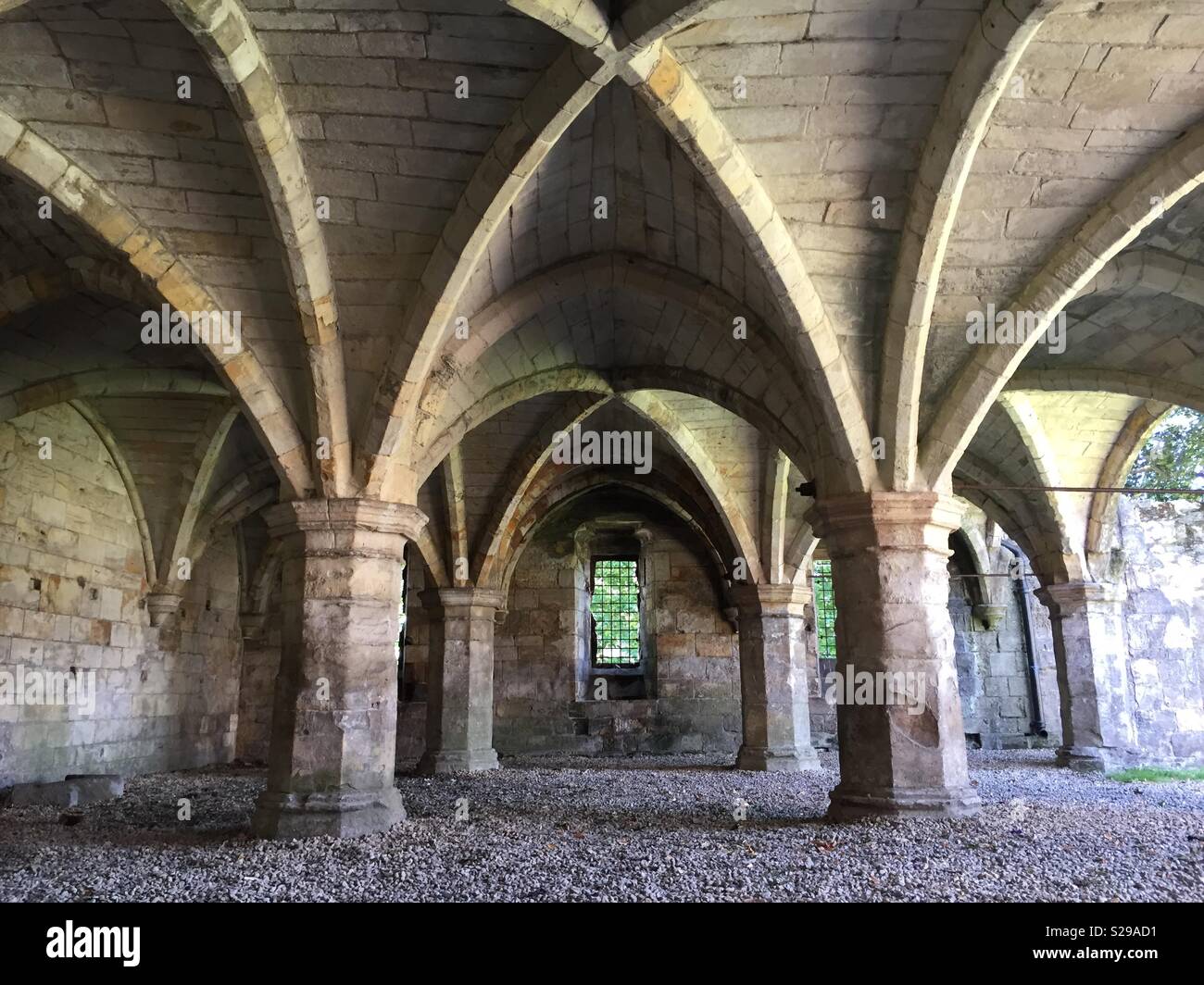 Le colonne in pietra e il soffitto di un negligente e cadente chiesa interno Foto Stock