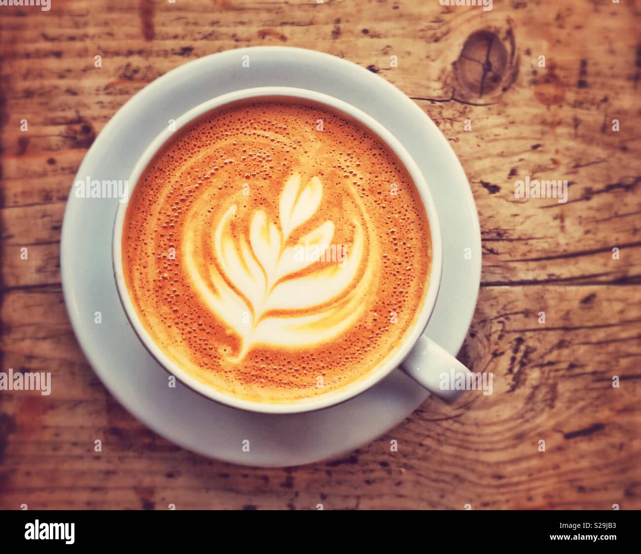 Una vista in pianta di una tazza di caffè latte macchiato. Un interessante profilo di forma di bianco latte predomina. Non si riesce a battere una tavola in legno rustico per un background! Credito foto - © COLIN HOSKINS. Foto Stock