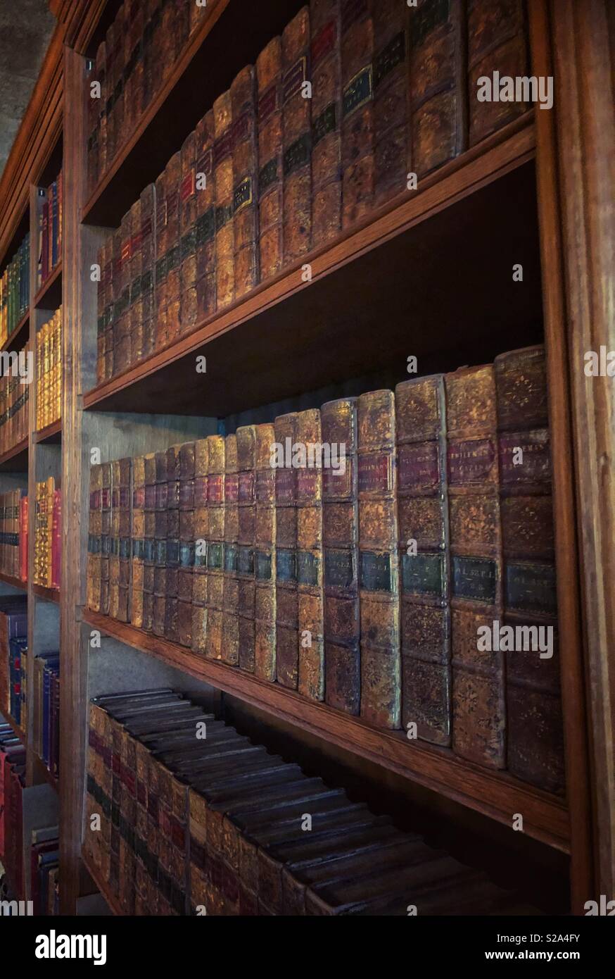 Antiquariato libri su uno scaffale nella libreria della proprietà del National Trust Castle Drogo nel Regno Unito Foto Stock
