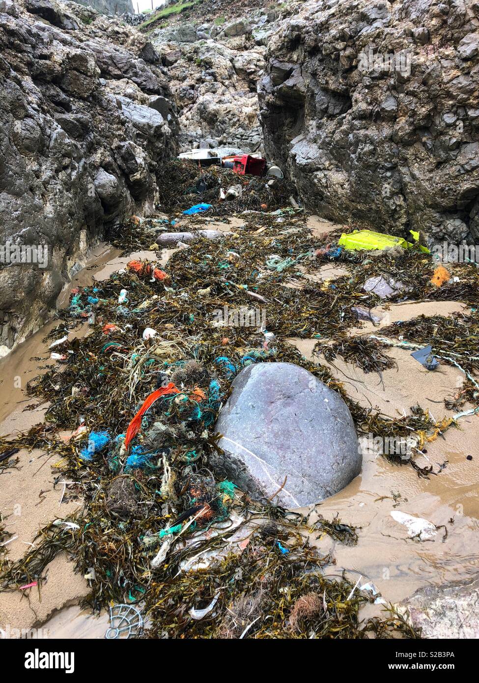 Di plastica e altri detriti sulla alta marea linea dopo una notte di tempesta. - Immagine stock catturata con smartphone