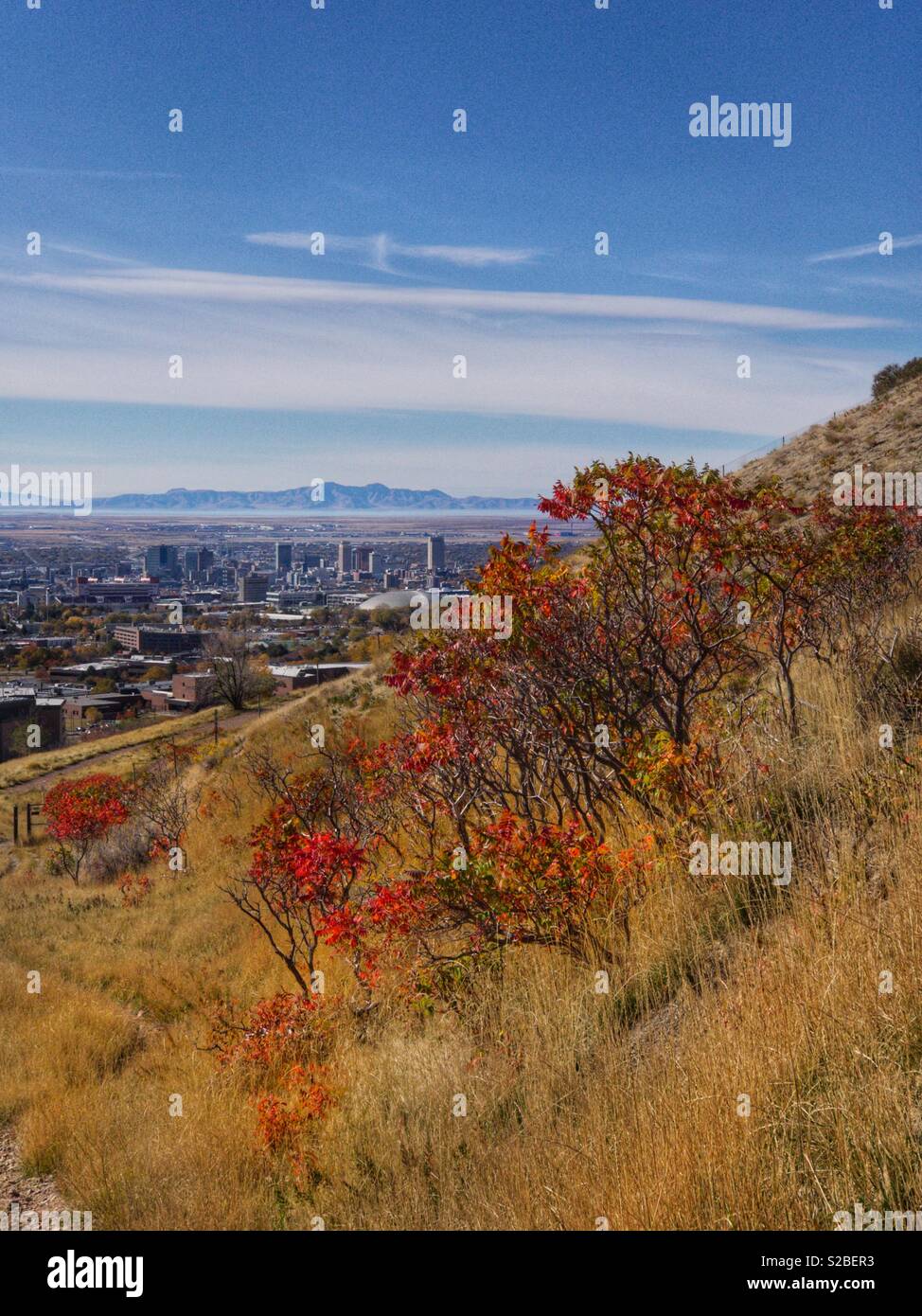 Vista da sopra del centro cittadino di Salt Lake City e le montagne in autunno, Utah Foto Stock