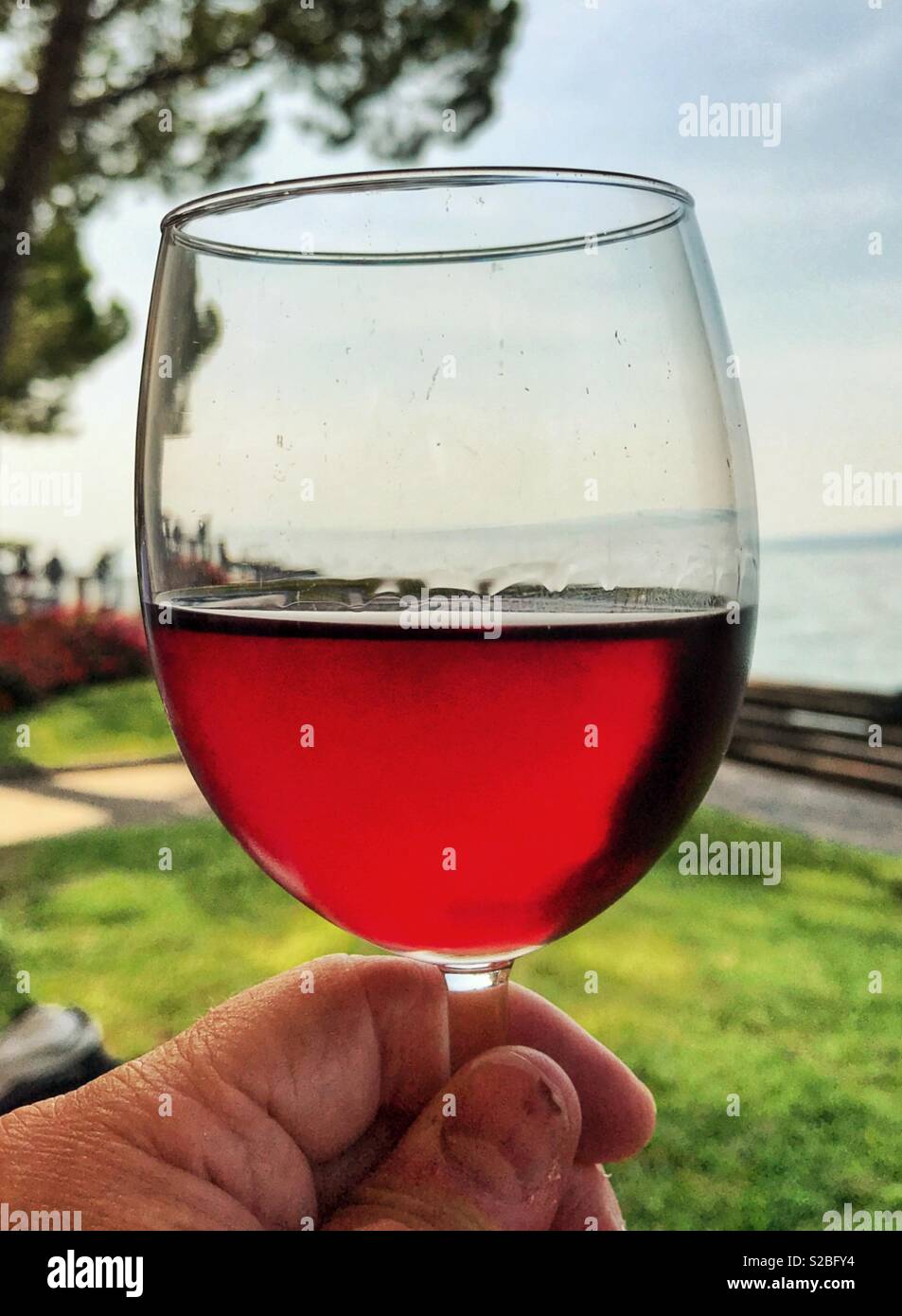 Persona con in mano un bicchiere di vino rosso Foto Stock