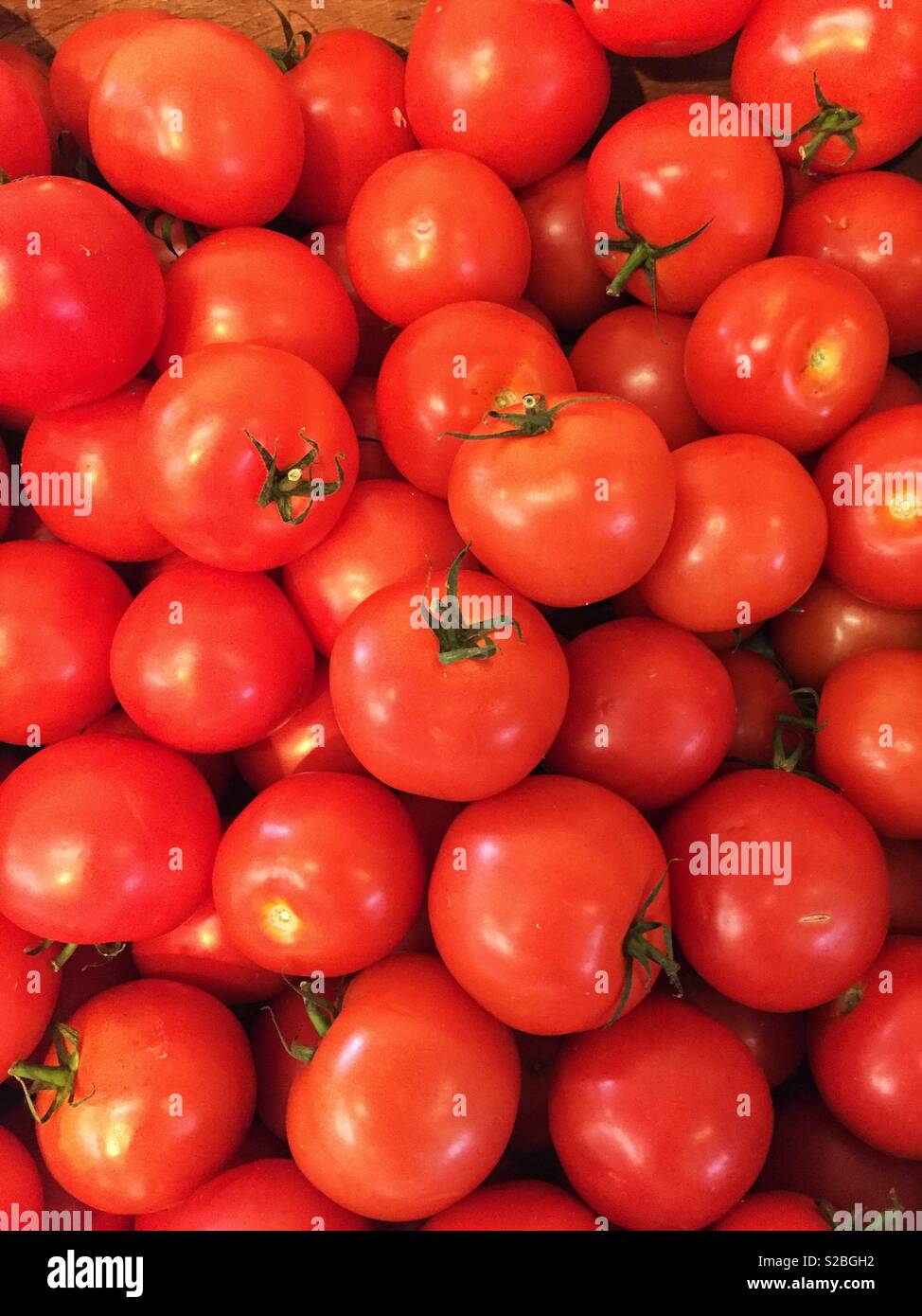 Un frame completo sullo sfondo di ripe pomodori rossi su un mercato in stallo con spazio di copia - Immagine stock catturata con smartphone