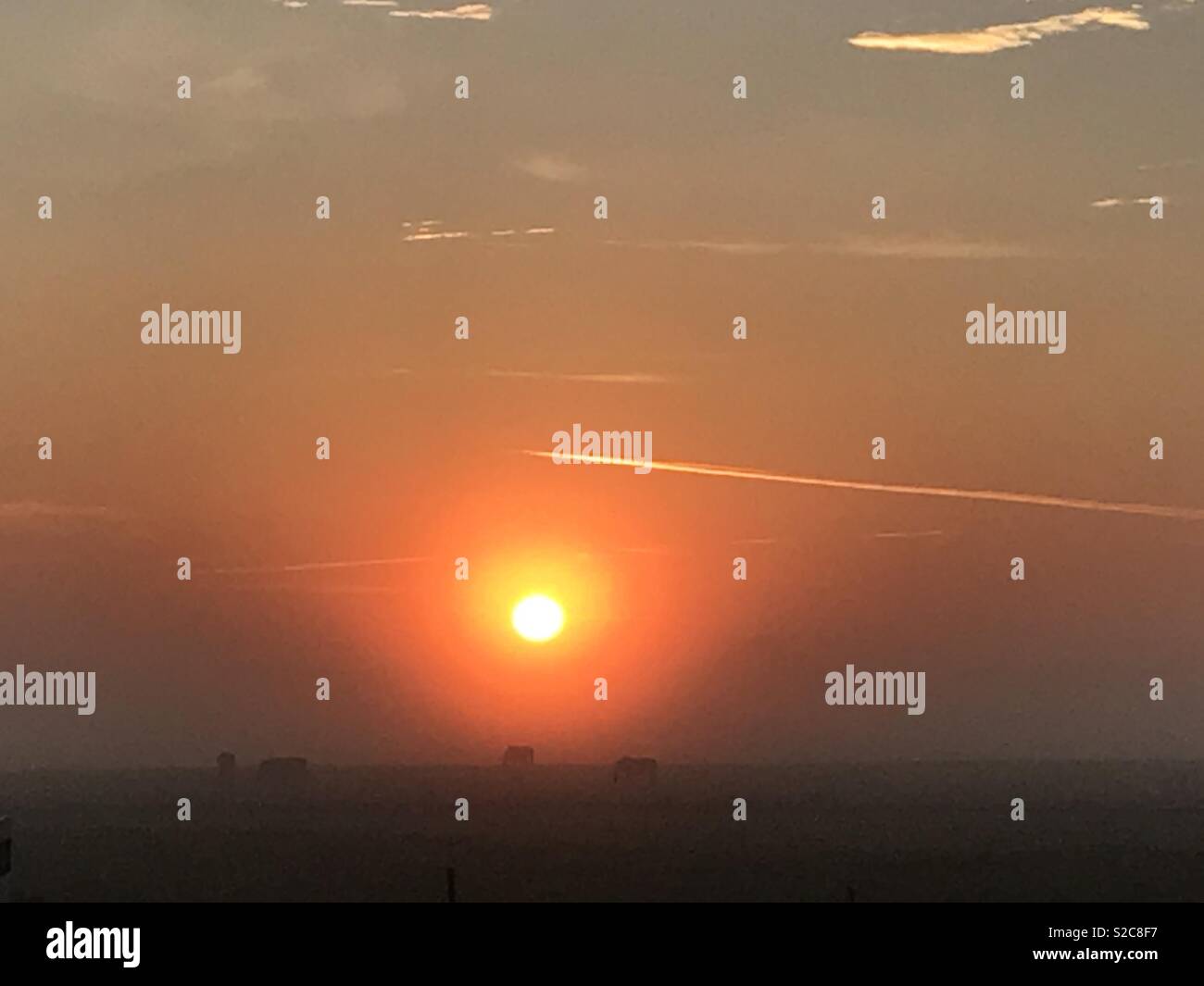 Sunrise nella nebbia con ombre di cavalli Foto Stock
