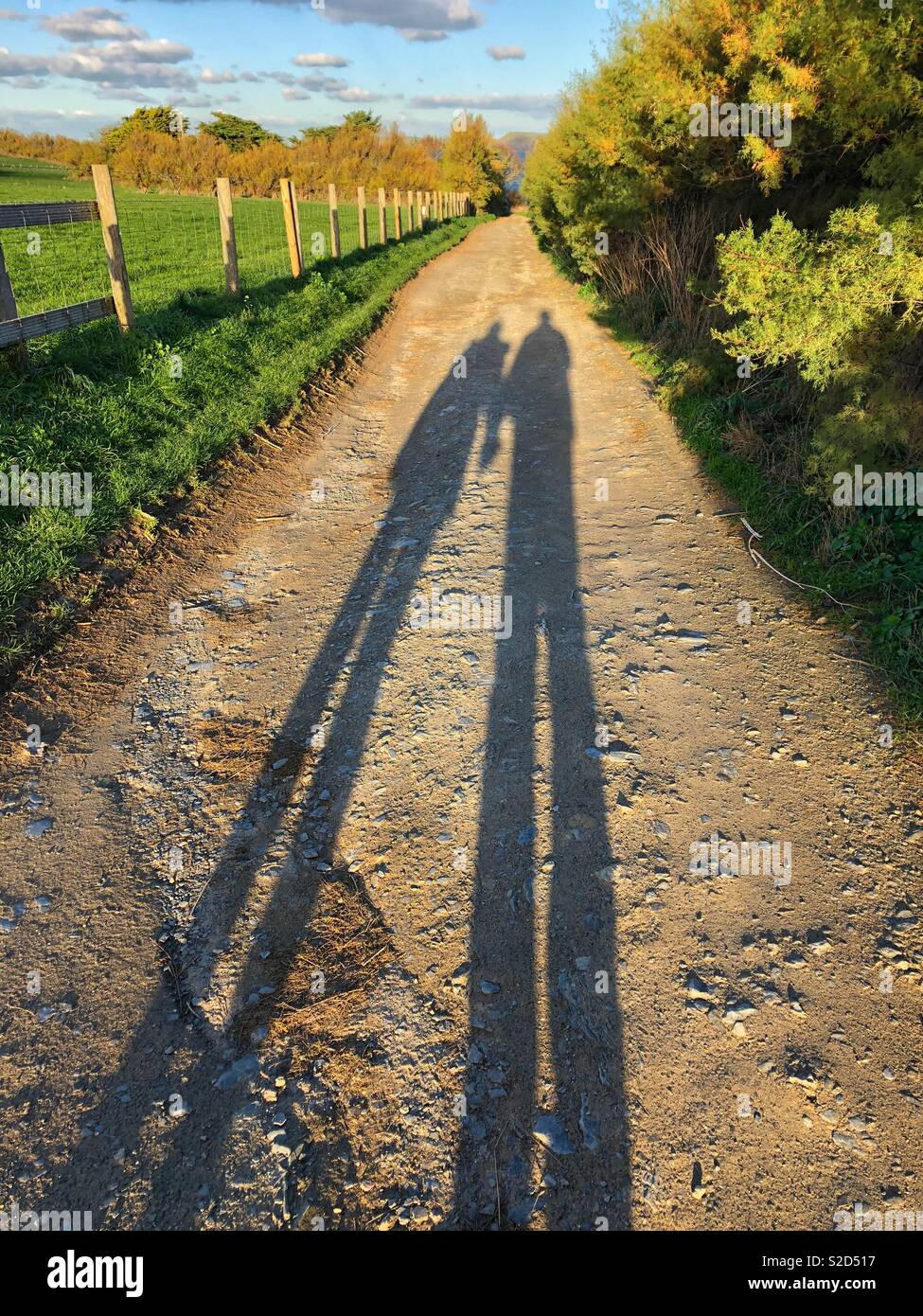 Ombre di un giovane a piedi lungo un percorso Foto Stock