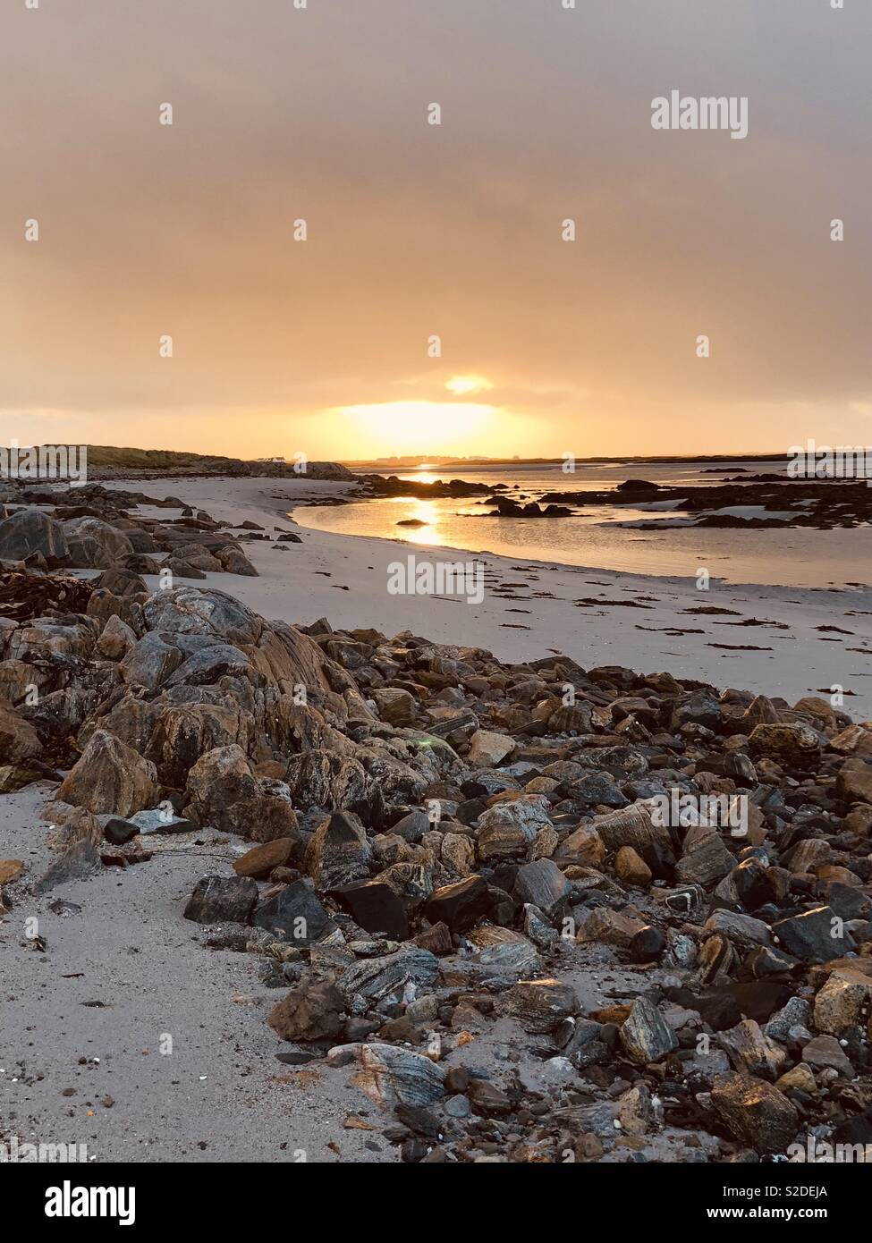 Sun sulla spiaggia rocciosa Foto Stock
