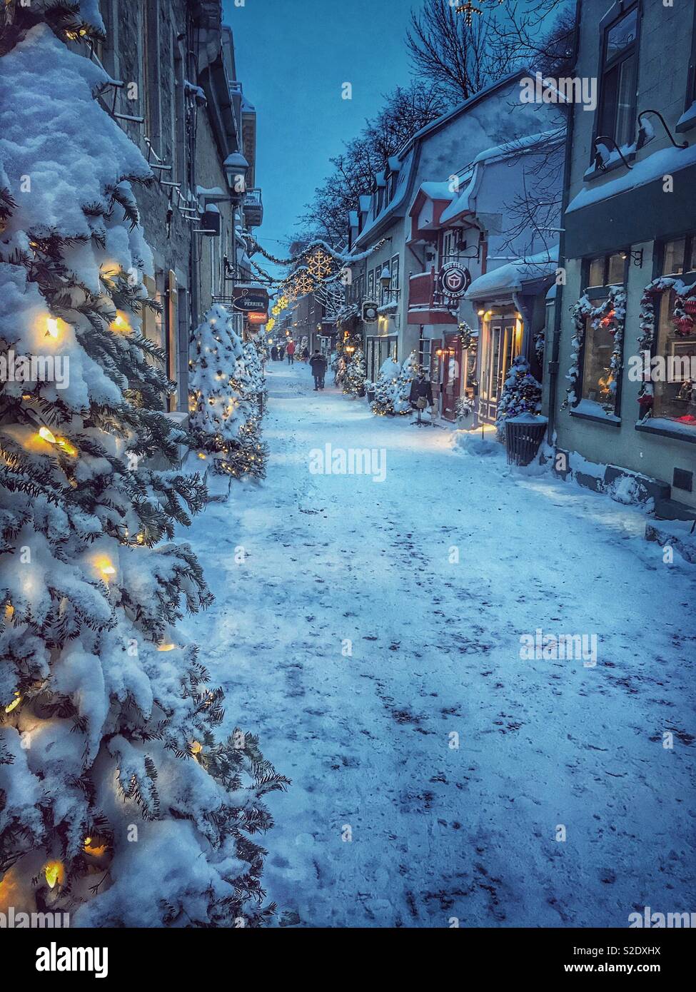 Main Street Rue du Petit-Champlain Petit-Champlain nel distretto di notte in inverno e le decorazioni di Natale Foto Stock