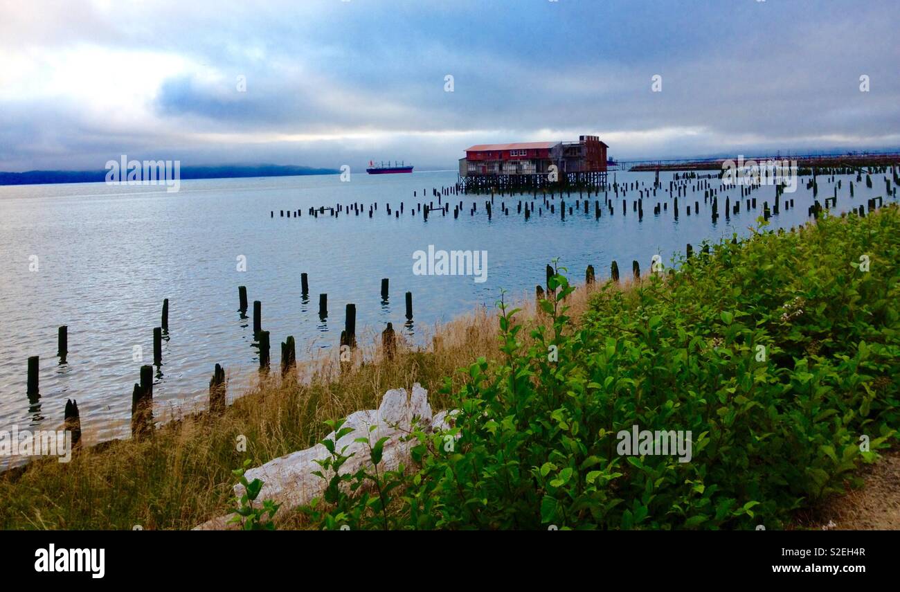 Abbandonato il molo e la pesca shack Columbia River Foto Stock