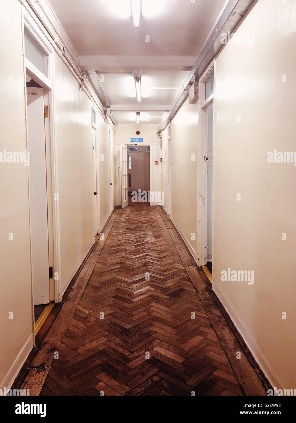 Corridoio usurato con pavimento in parquet e pareti dipinte di color crema con le porte aperte. Lit fluorescente con strisce di illuminazione Foto Stock