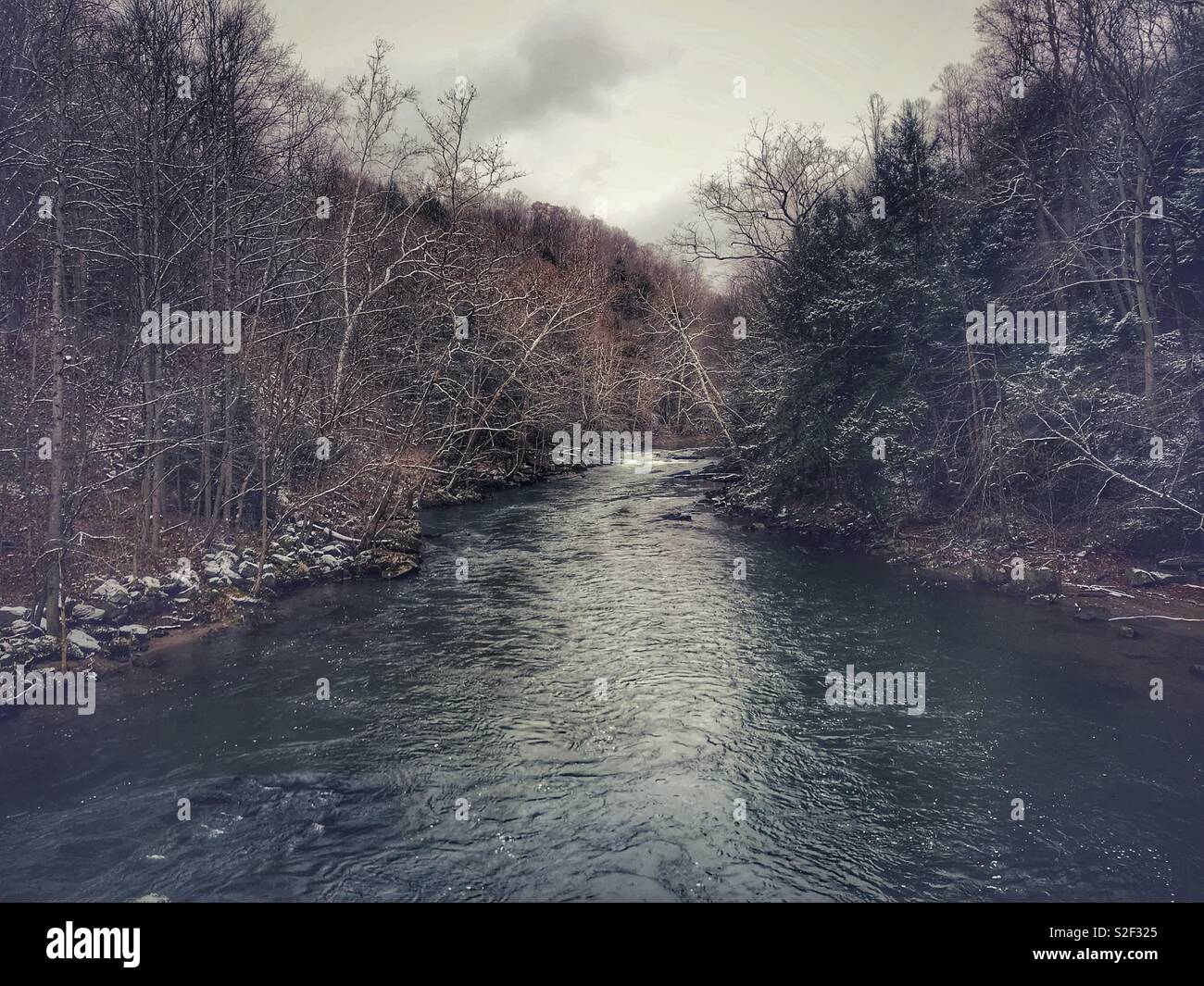 Creek in un cupo giorno di inverno Foto Stock