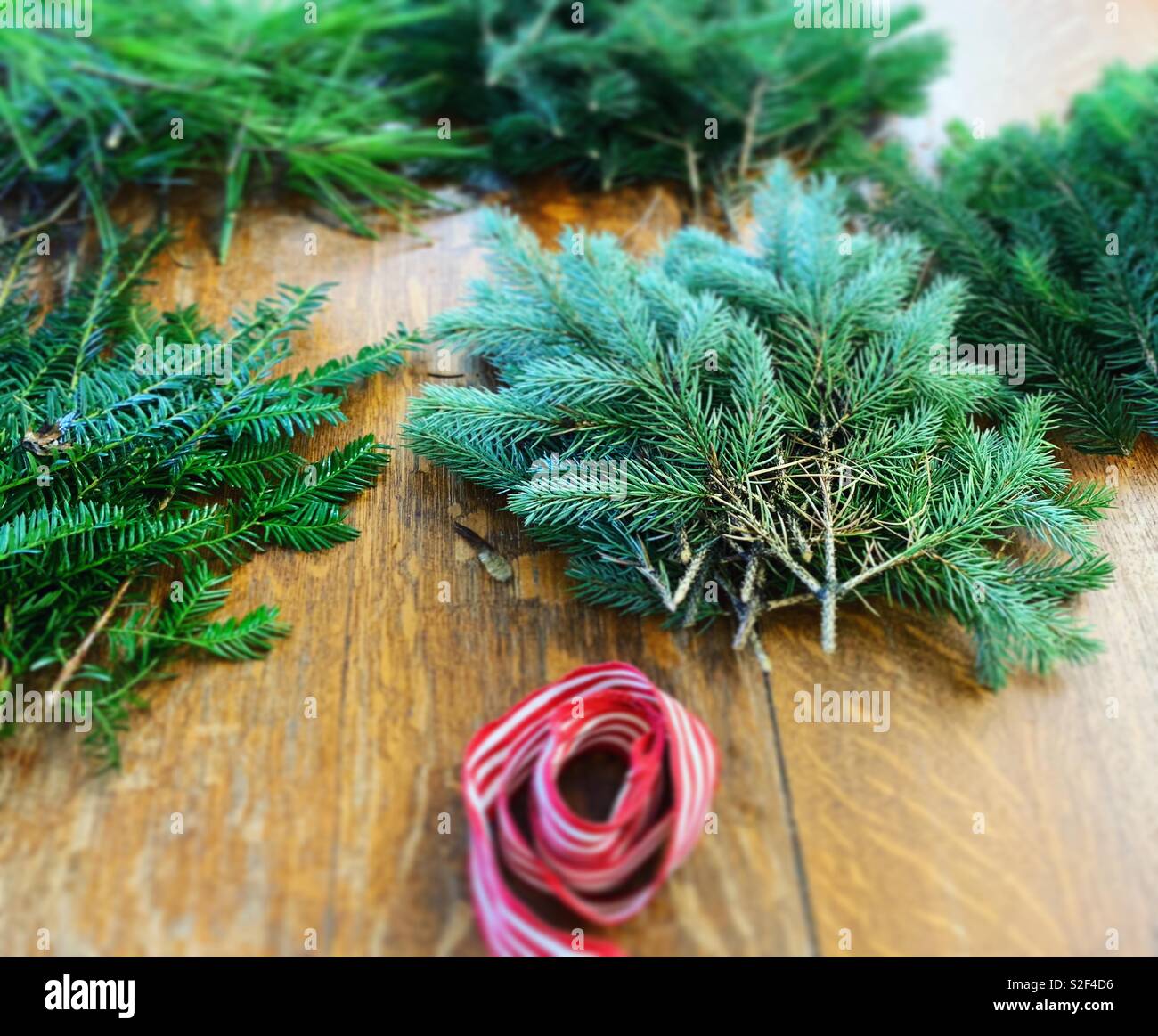 Verde di pini succursali sul tavolo di legno - Immagine stock catturata con smartphone
