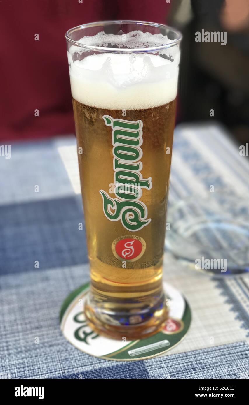Budapest, Ungheria - 6 Giugno 2017: un bicchiere di Soproni birra, prodotta dalla Heineken Hungaria birreria, è mostrato da vicino su un tavolo in un ristorante. - Immagine stock catturata con smartphone