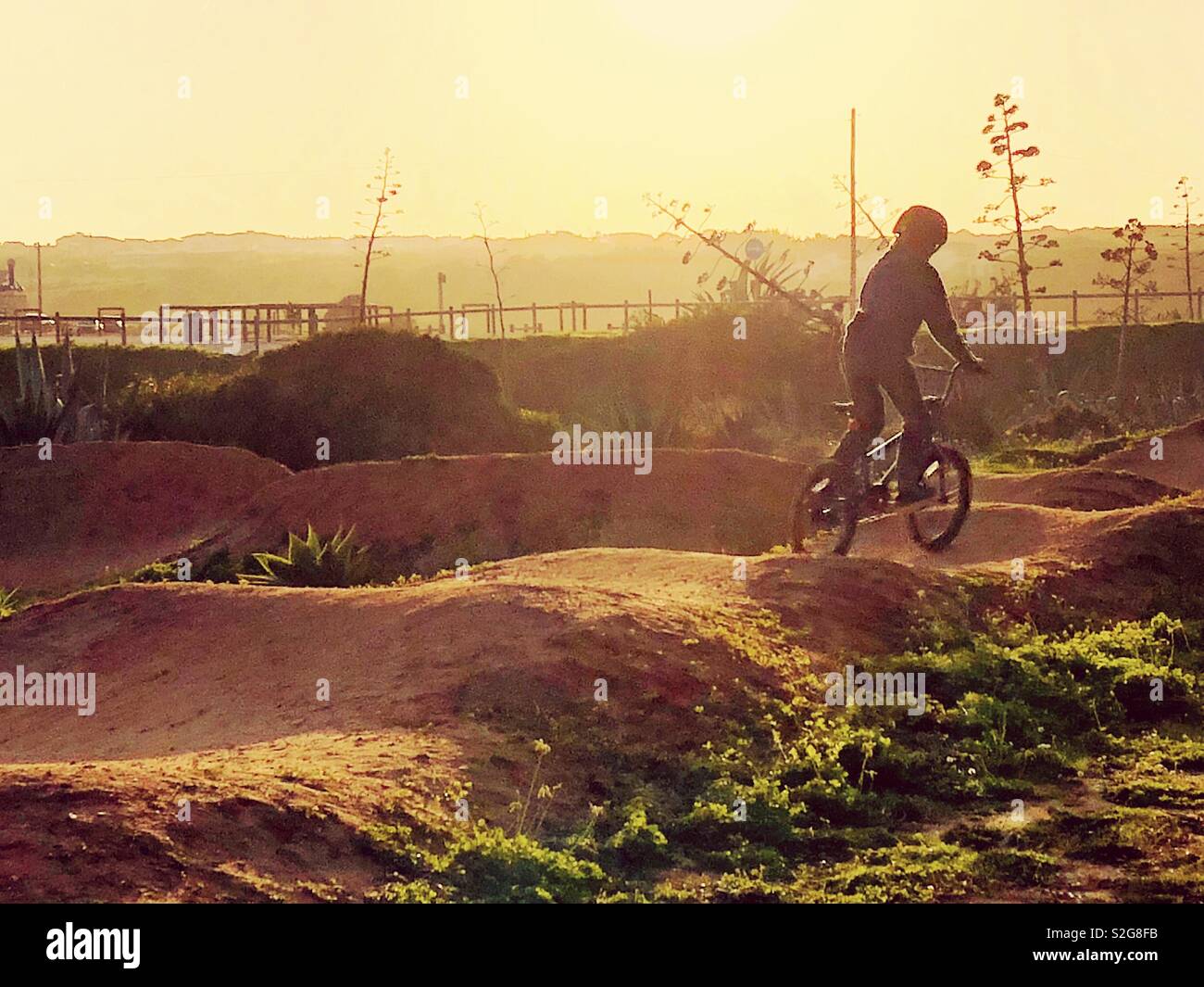 In sella ad una bici bmx al tramonto Foto Stock