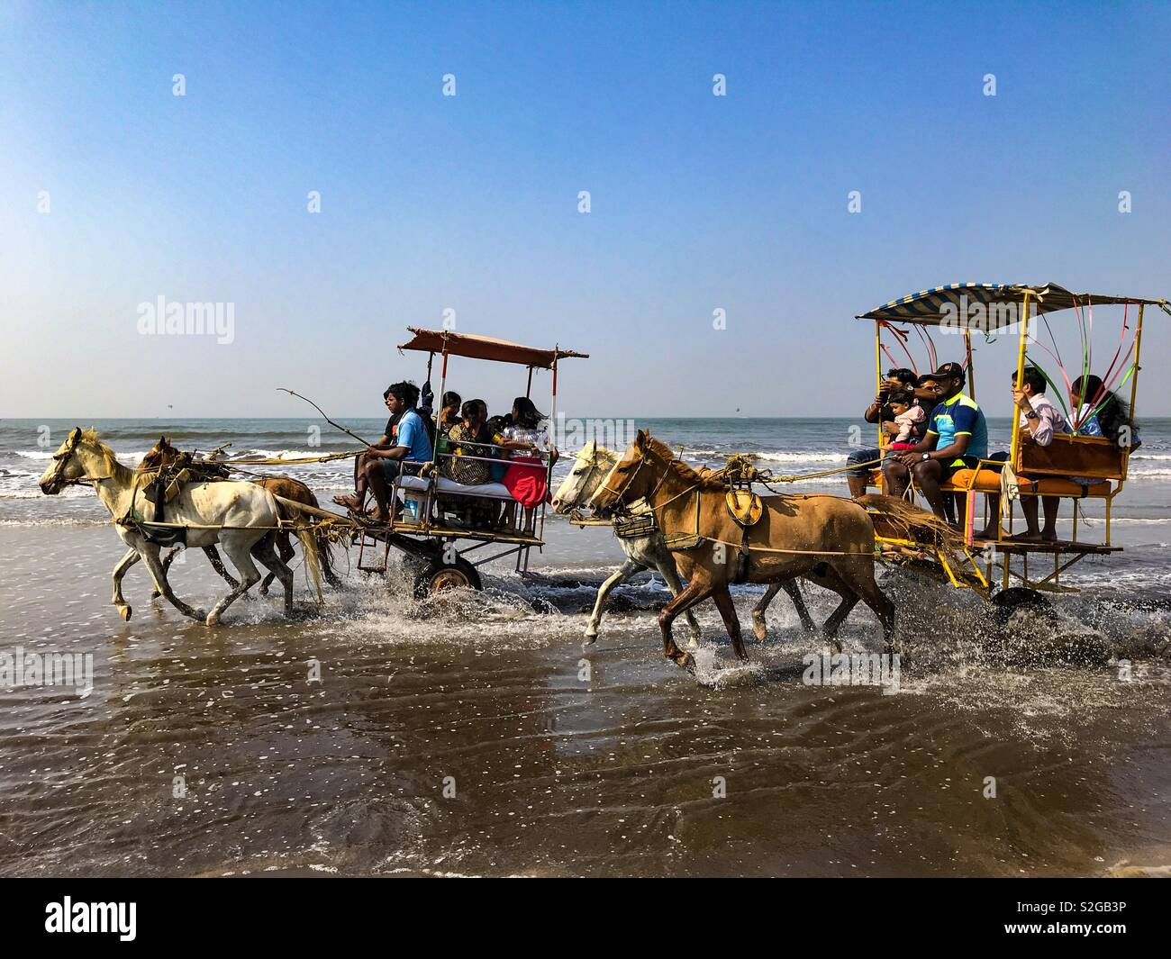 Godetevi rouriay cavallo cavalcare carrello sulla spiaggia di Ali Baug. Foto Stock
