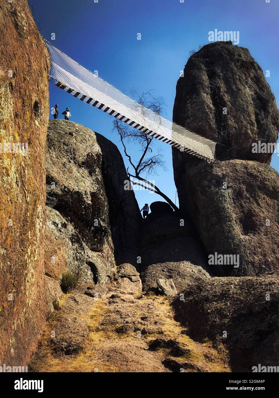 Un ponte si estende tra il misterioso giganteschi massi chiamato Las Piedrotas nella Valle de los enigmi nei pressi di Tapalpa, Messico. Foto Stock