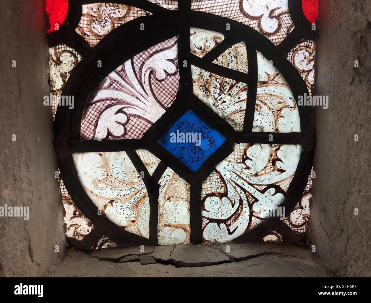 Una rara sopravvivenza del XIII o XIV secolo piccola roundel grissaile di vetro macchiato con delicate foliate progetta e inset della bella rossa e vetro blu. Foto Stock