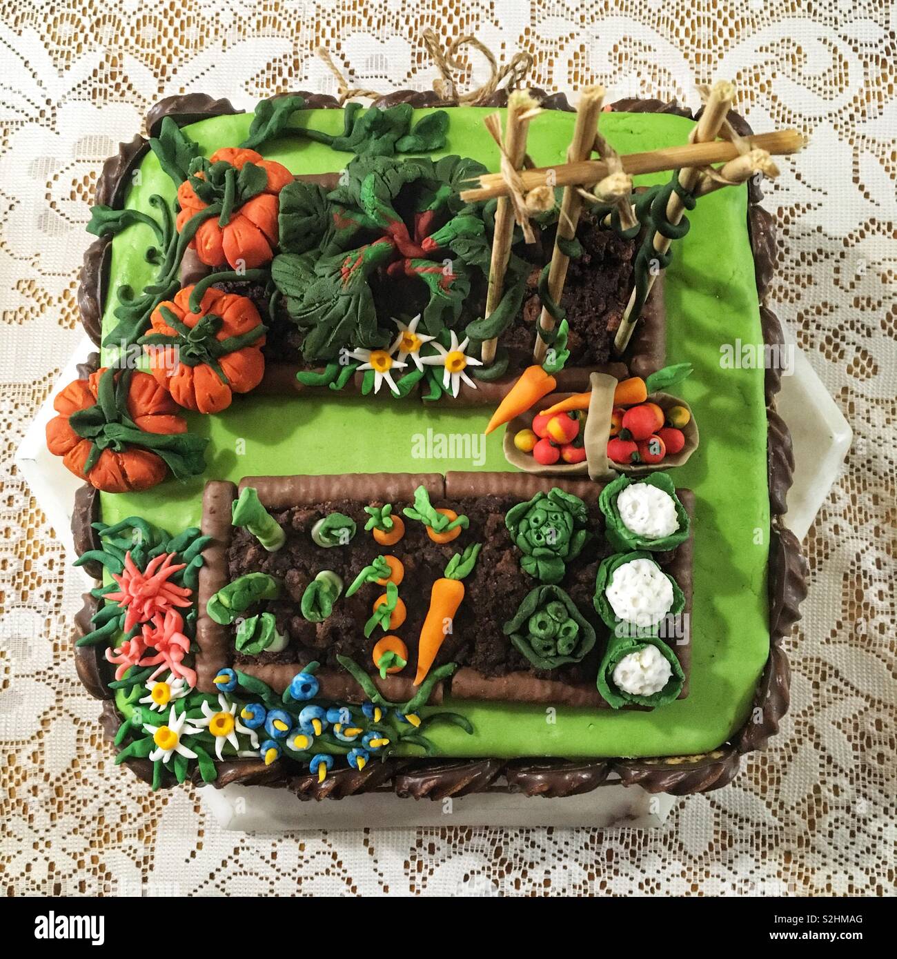 Torta di compleanno a tema orto. - Immagine stock catturata con smartphone