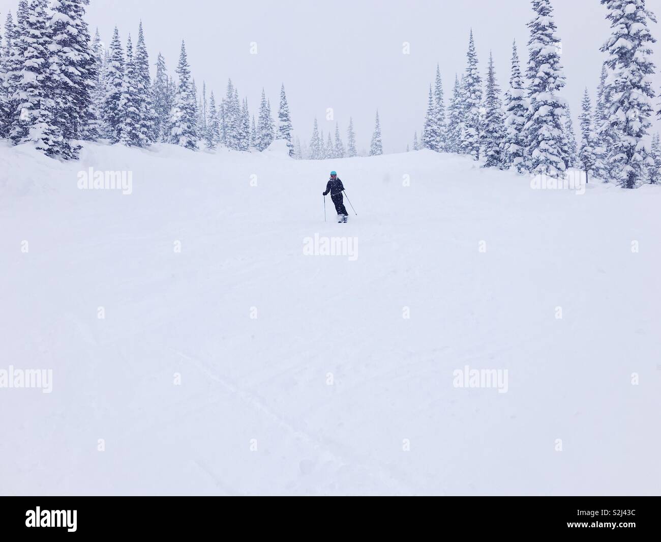 Sciatore su una tranquilla collina di sci durante la caduta di neve. - Immagine stock catturata con smartphone
