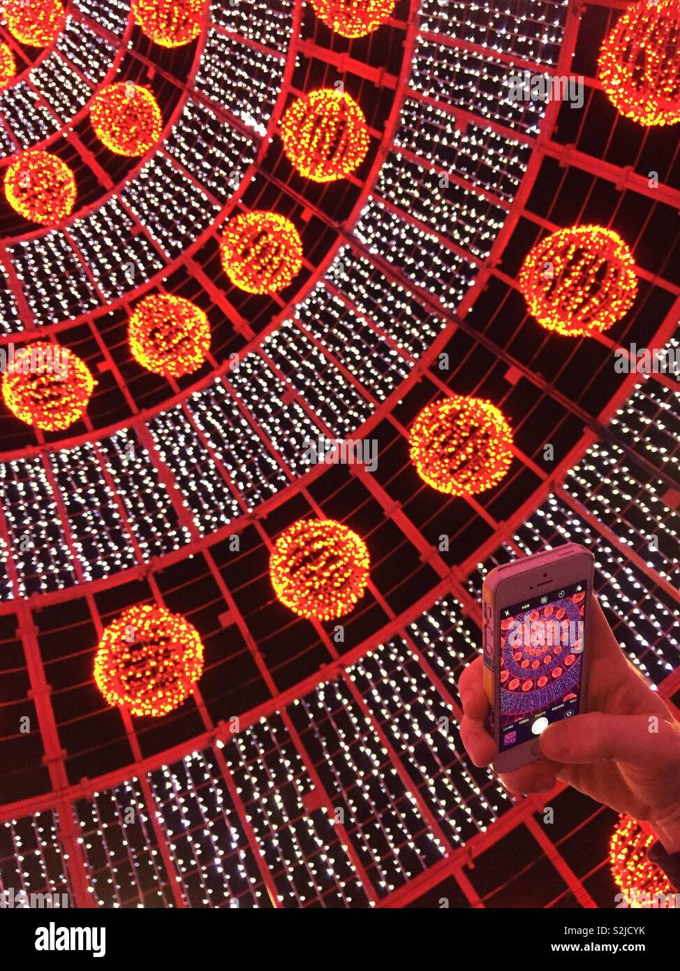 IPhone utilizzato per fotografare l'interno di un grande albero di Natale Illuminazione display. Foto Stock