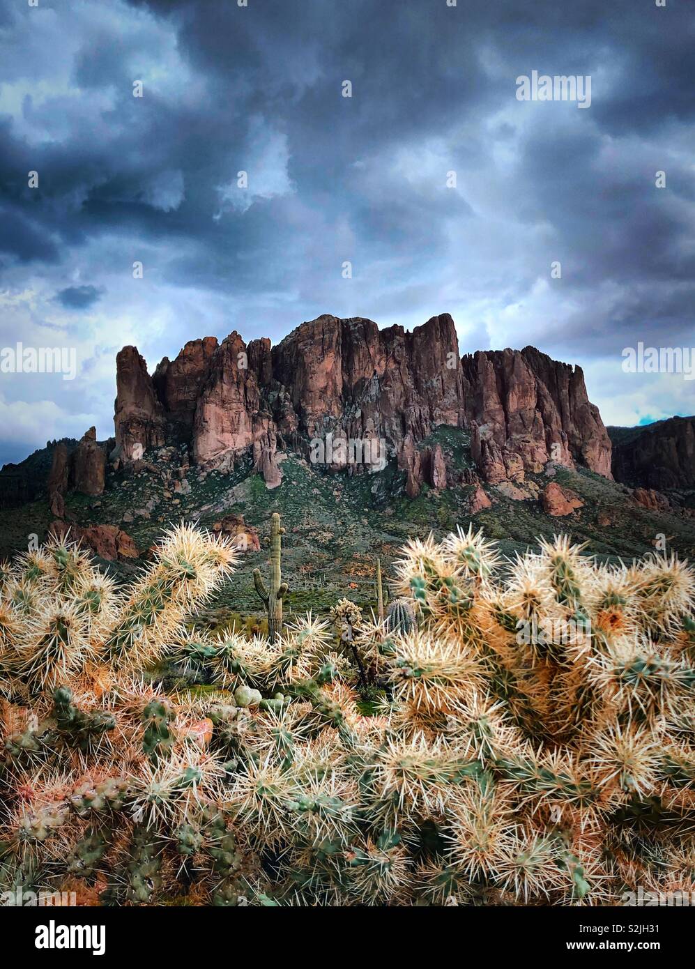 La superstizione Montagne in Arizona. Home della Lost Dutchman's Mine. Southwest scenario desertico. Foto Stock