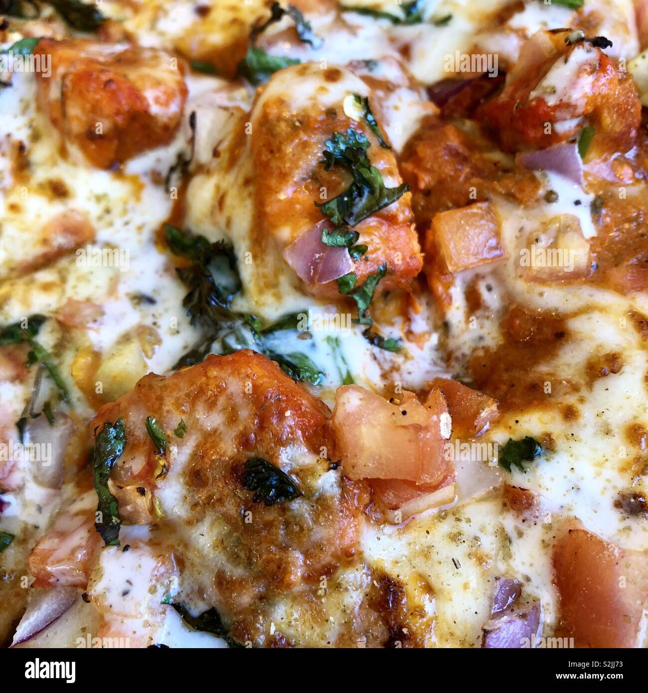 Indian chicken pizza sul pane naan serviti come pizza Foto Stock