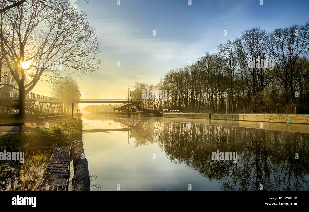 Golden sunrise o tramonto riflesso nell'acqua del fiume o canale che scorre attraverso i boschi Foto Stock