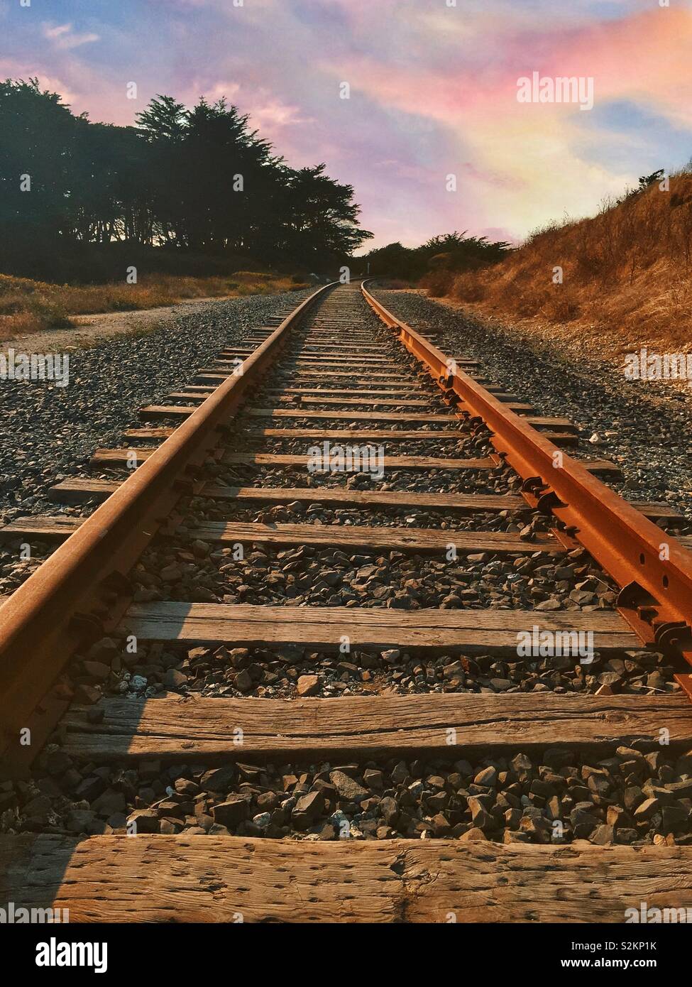 Una vecchia ferrovia lungo la santa cruz Costa, CALIFORNIA, STATI UNITI D'AMERICA Foto Stock