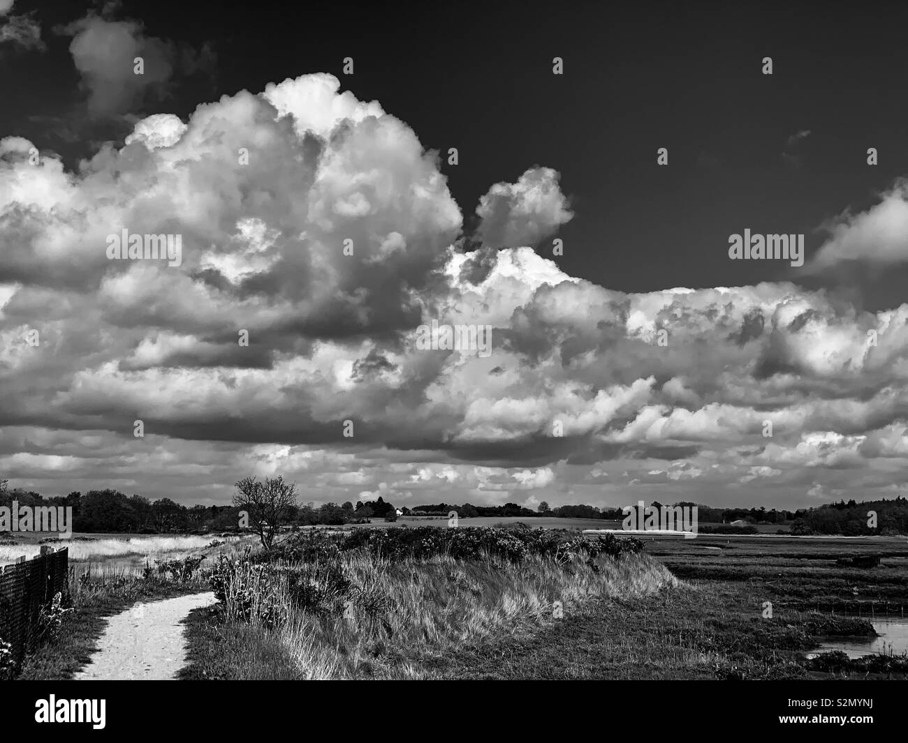 Waldringfield, Suffolk, Regno Unito - Aprile 2019: cielo tempestoso oltre il Fiume Deben. - Immagine stock catturata con smartphone