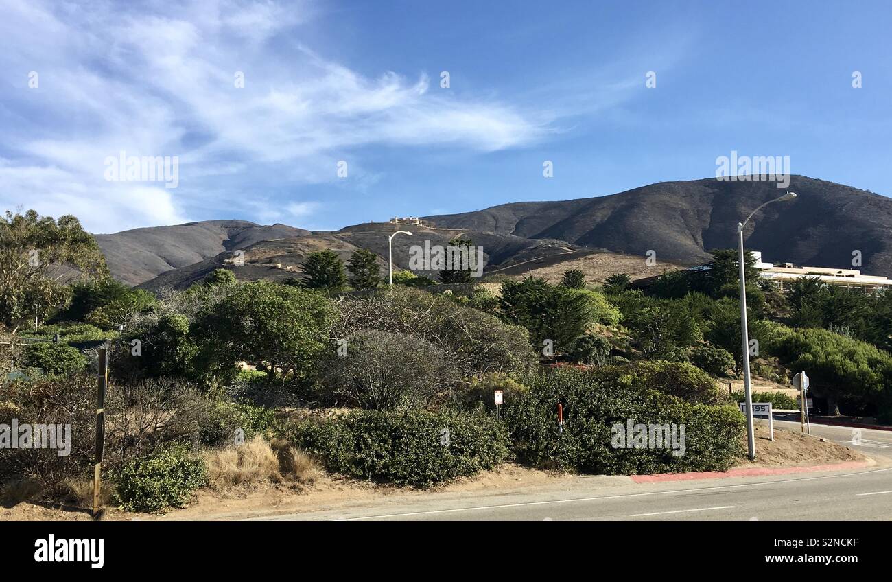 Santa Monica Mountains National Recreation Area. Hillside dopo Woolsey Fire shot dal Pacific Coast Highway. Foto Stock
