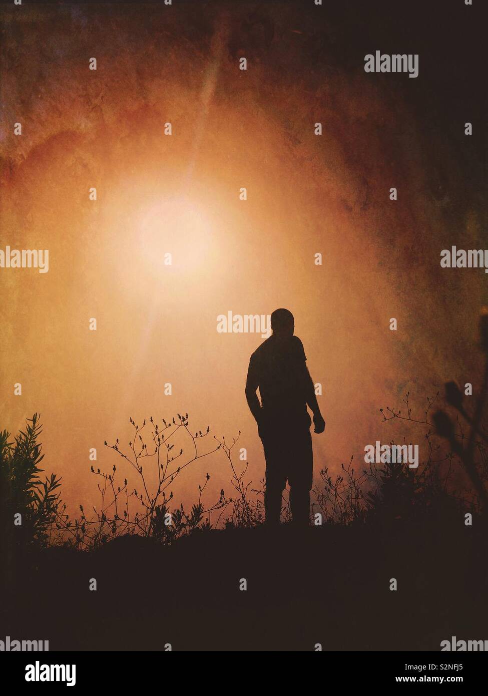 Silhouette maschio in piedi all'aperto Foto Stock