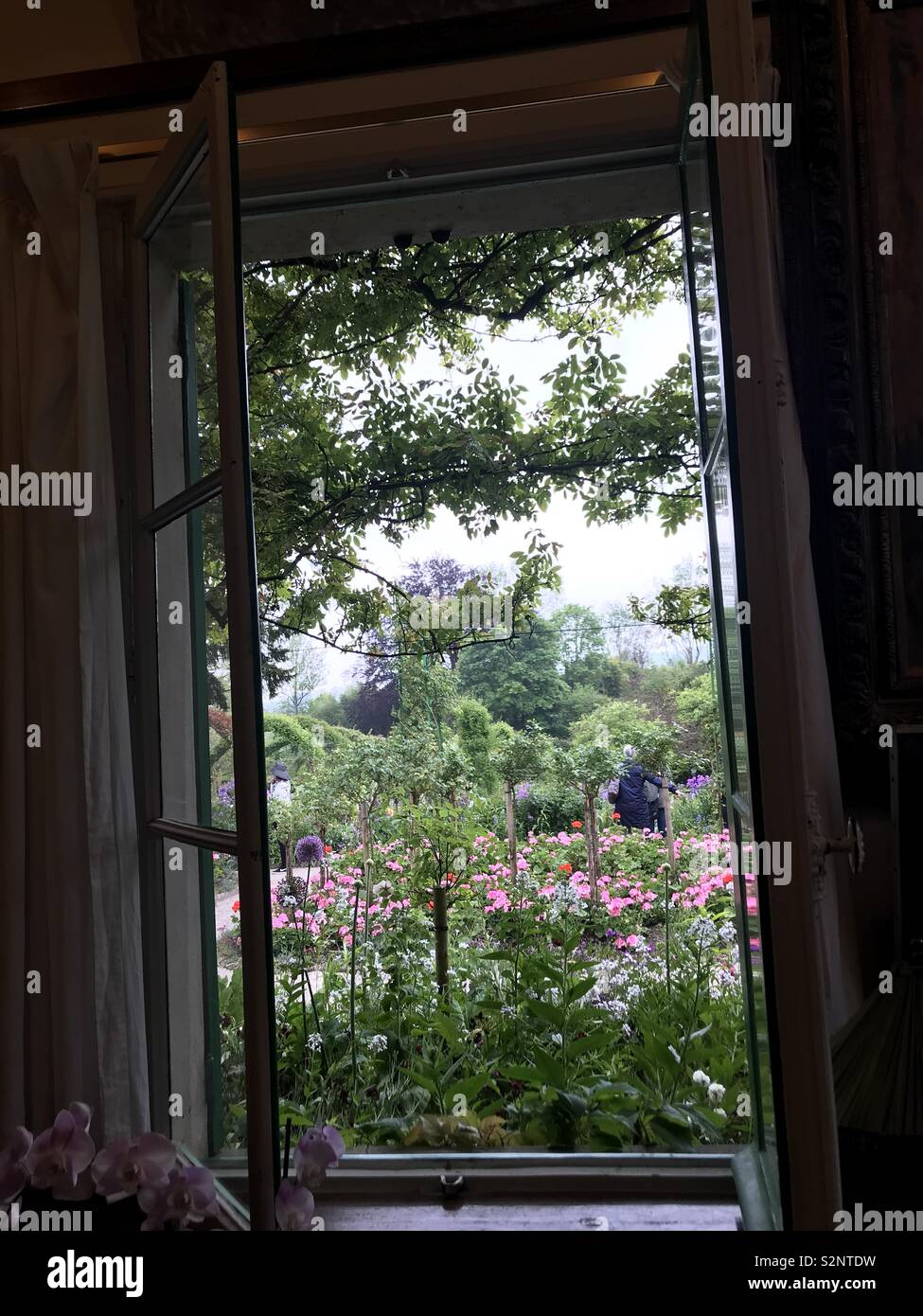 Monets giardino guardando attraverso una finestra Foto Stock