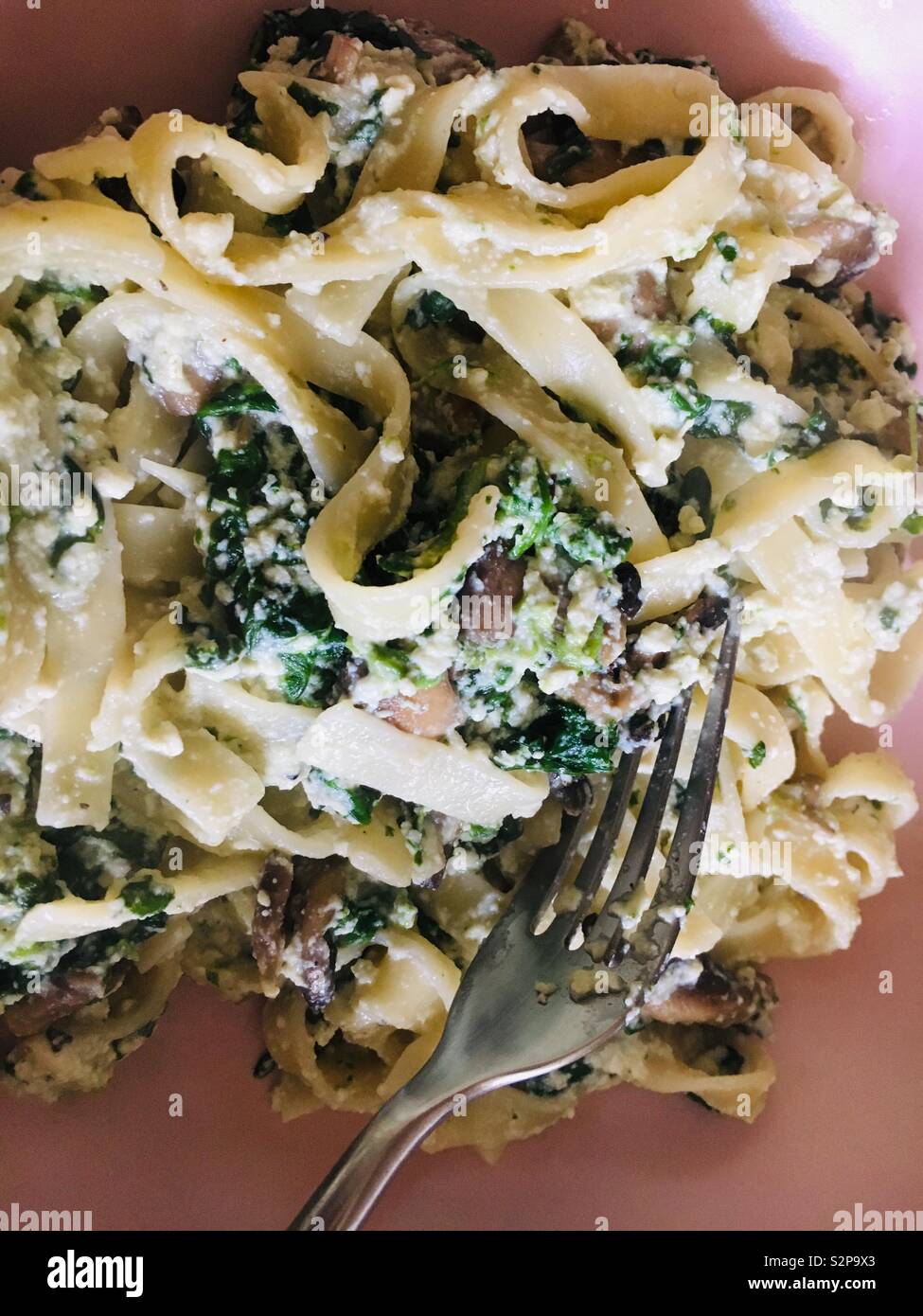 Tagliatelle con ricotta e spinaci pasto servito in una ciotola rosa Foto Stock