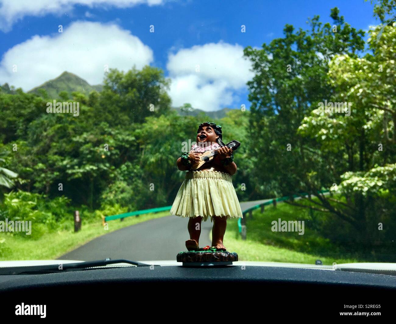 Hula bobblehead in una gonna d'erba su un cruscotto auto giocando l'ukulele mentre guida ai Giardini Botanici Hoomaluhia a Kaneohe, Hawaii USA Foto Stock