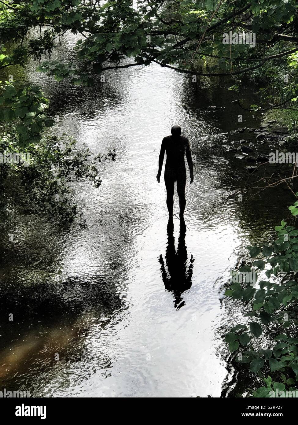 Antony Gormley statua in acqua di Leith, Edimburgo in Scozia - Immagine stock catturata con smartphone