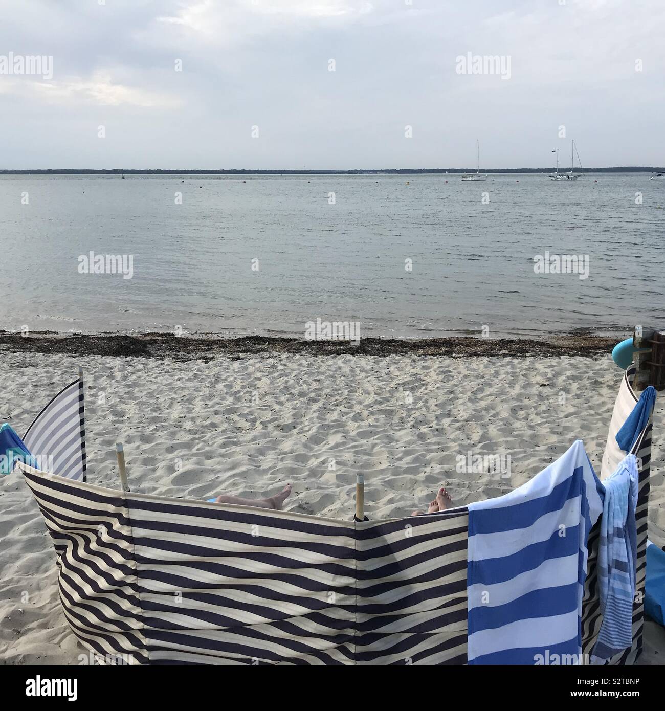 Rilassante dietro un blu striato di rottura del vento sulla spiaggia di dune di riva del mare a Yarmouth sull'Isola di Wight durante una giornata molto calda in un inglese estate Foto Stock