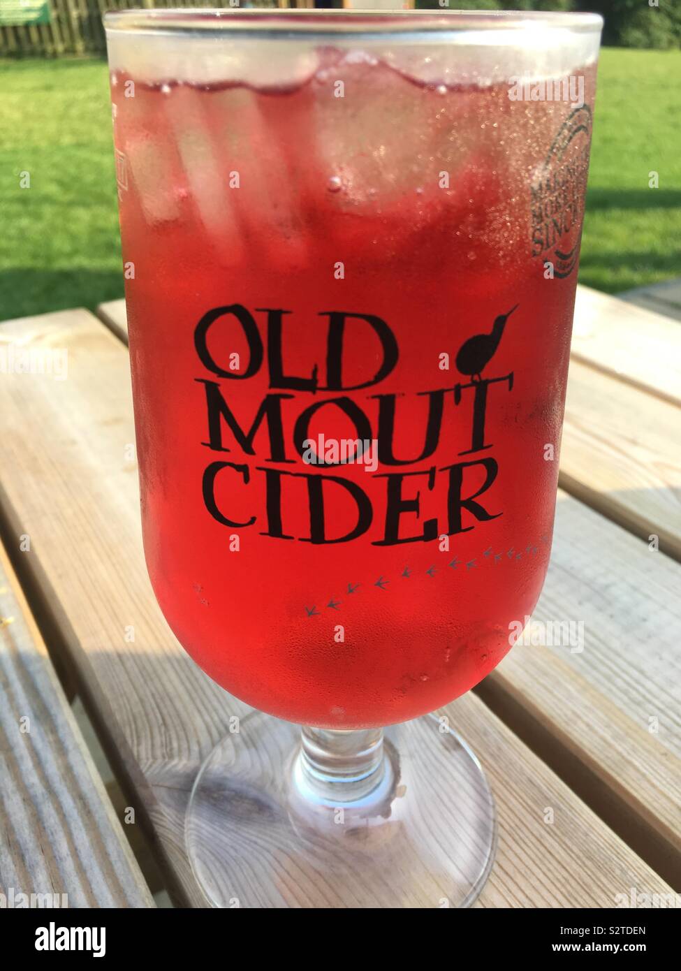 Un bicchiere di frutti di bosco e ciliegie vecchio Mout sidro fuori nel sole. Foto Stock
